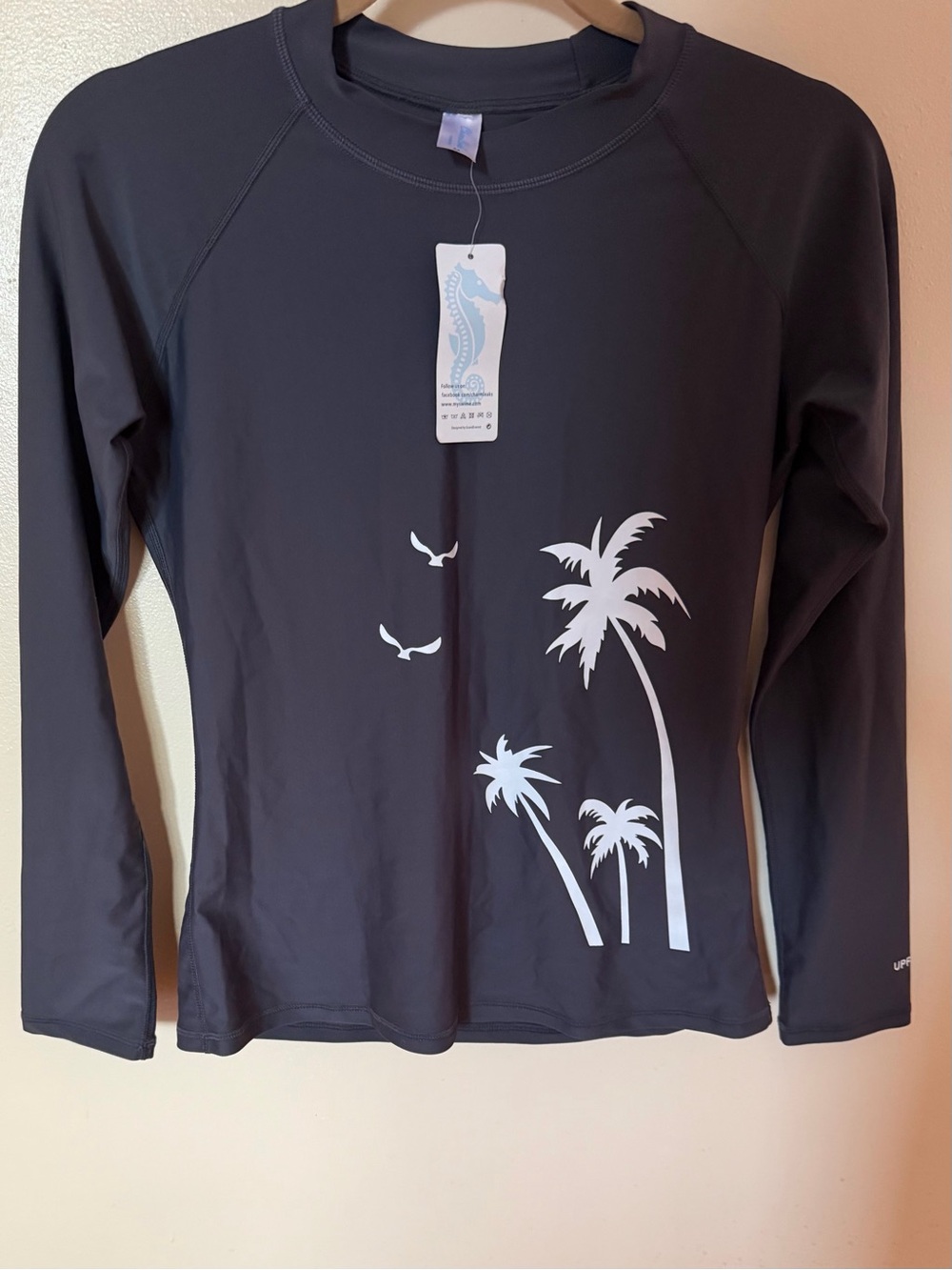 UPF Long Sleeve Women's Rash Guard Tee - Black with White Palm Graphic